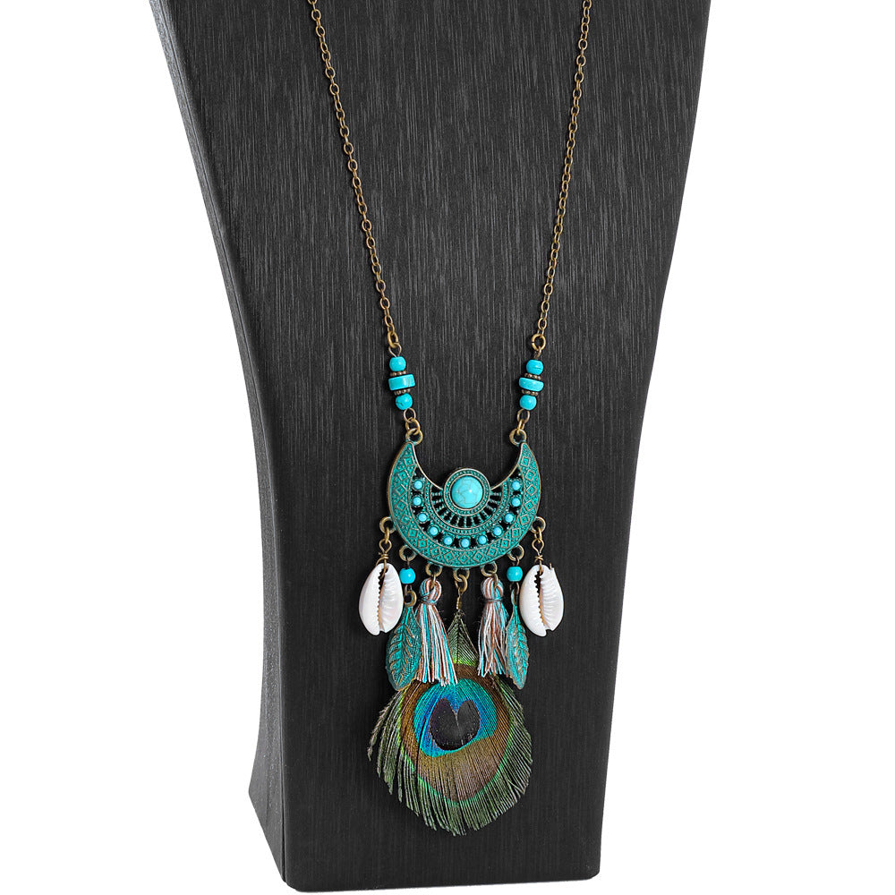 Fashionable Long Pendant Necklace with Geometric Design and Peacock Feather