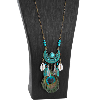 Fashionable Long Pendant Necklace with Geometric Design and Peacock Feather
