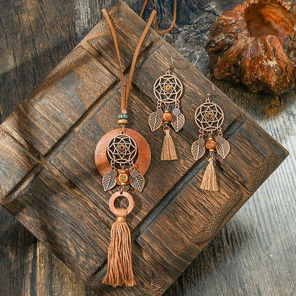 Bohemian Vintage Alloy Pendant Necklace With Spider Web Dreamcatcher