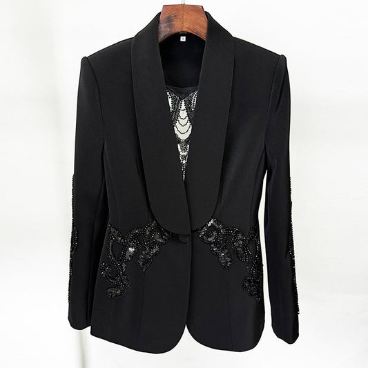 Sheer Panel Beaded Blazer and Chiffon Pants Set