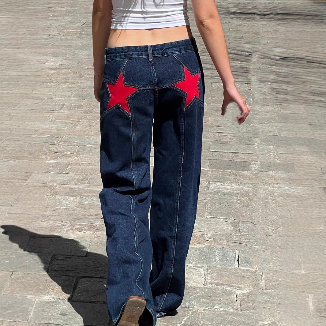 Trendy Color Contrast Splicing Star Denim Pants