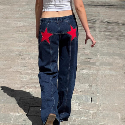 Trendy Color Contrast Splicing Star Denim Pants