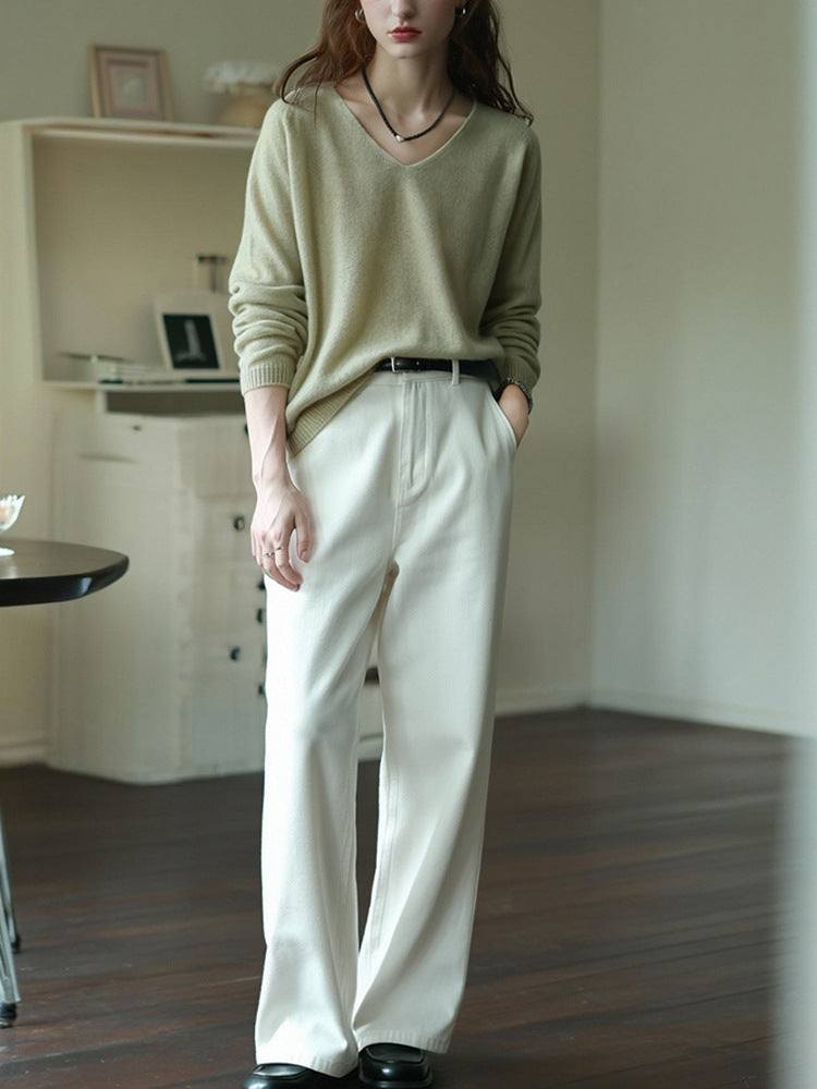 V-Neck Cashmere Blend Long Sleeve T-Shirt Elegant Casual Top