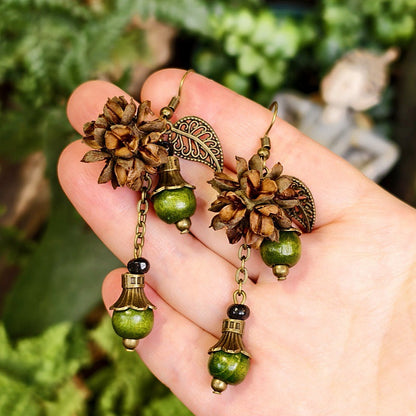 Bohemian Floral-Inspired Alloy Earrings with Unique Wood Bead Design