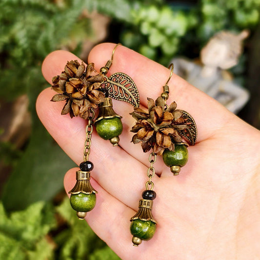 Bohemian Floral-Inspired Alloy Earrings with Unique Wood Bead Design