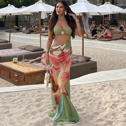 Sexy Crop Top Maxi Dress With Floral Print