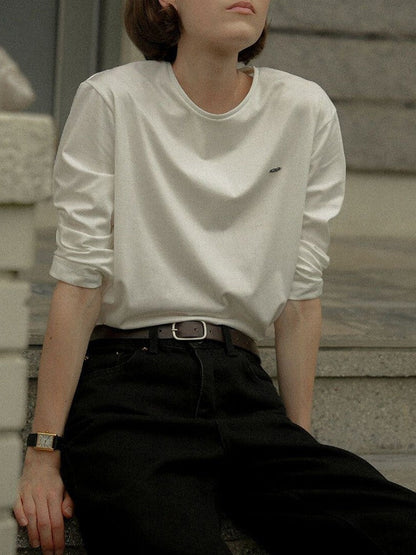 Premium Cotton Long Sleeve Crew Neck T-Shirt with Metal Badge