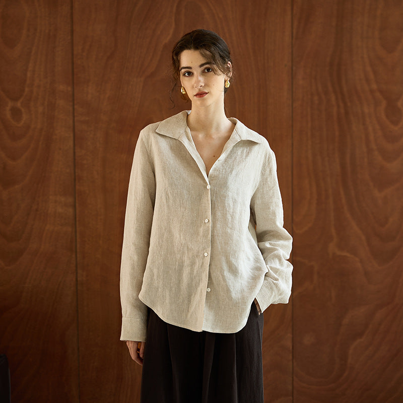 High-Quality Linen Long Sleeve V-Neck Blouse for Women