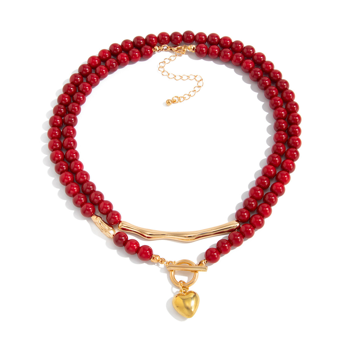 Vintage Red Acrylic Beaded Tube Necklace With Heart Pendant