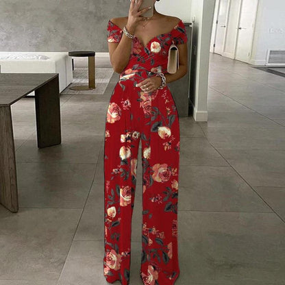 Elegant Off-Shoulder Floral Jumpsuit Stylish High-Waisted Pants