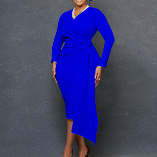 V-Neck Long Sleeve Pencil Dress Elegant Commuter Dress