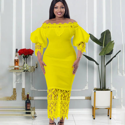 Off-The-Shoulder Lace Detail Pencil Dress With Lantern Sleeves