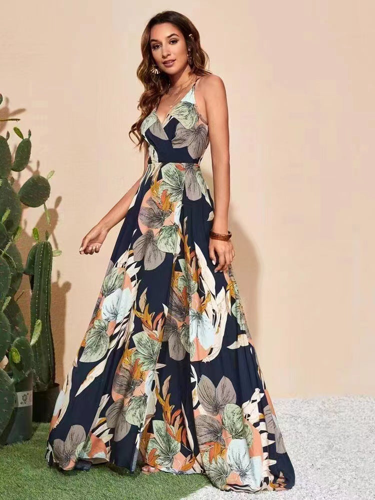 Printed Suspender Long Split Leg Stylish High-End Sexy Deep V Dress