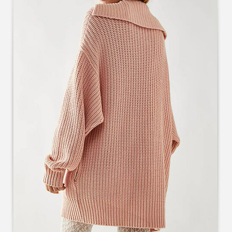 New Women'S Solid Color Lapel Pocket Knitted Cardigan Button Long Coat In Autumn And Winter