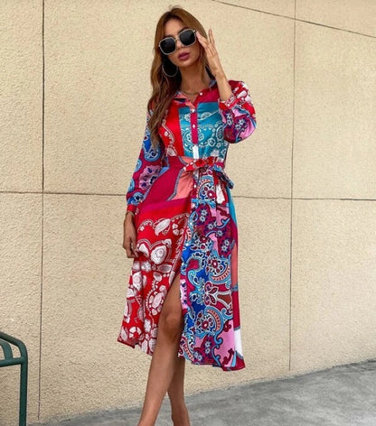 Women'S Lace-Up Print Polo Neck Midi Dress