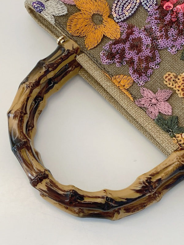 Embroidered Sequin Bamboo Tote Bag Stylish Evening Handbag