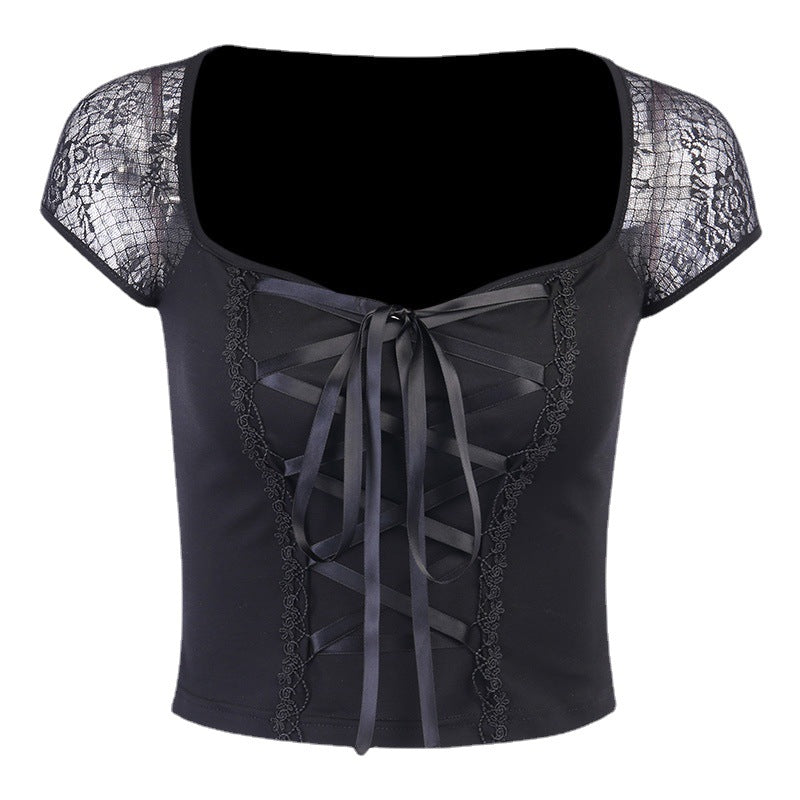 Sexy Lace-Accent Square Neck Short Sleeve Top