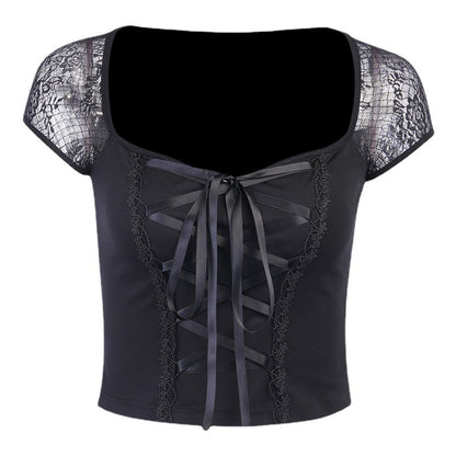 Sexy Lace-Accent Square Neck Short Sleeve Top