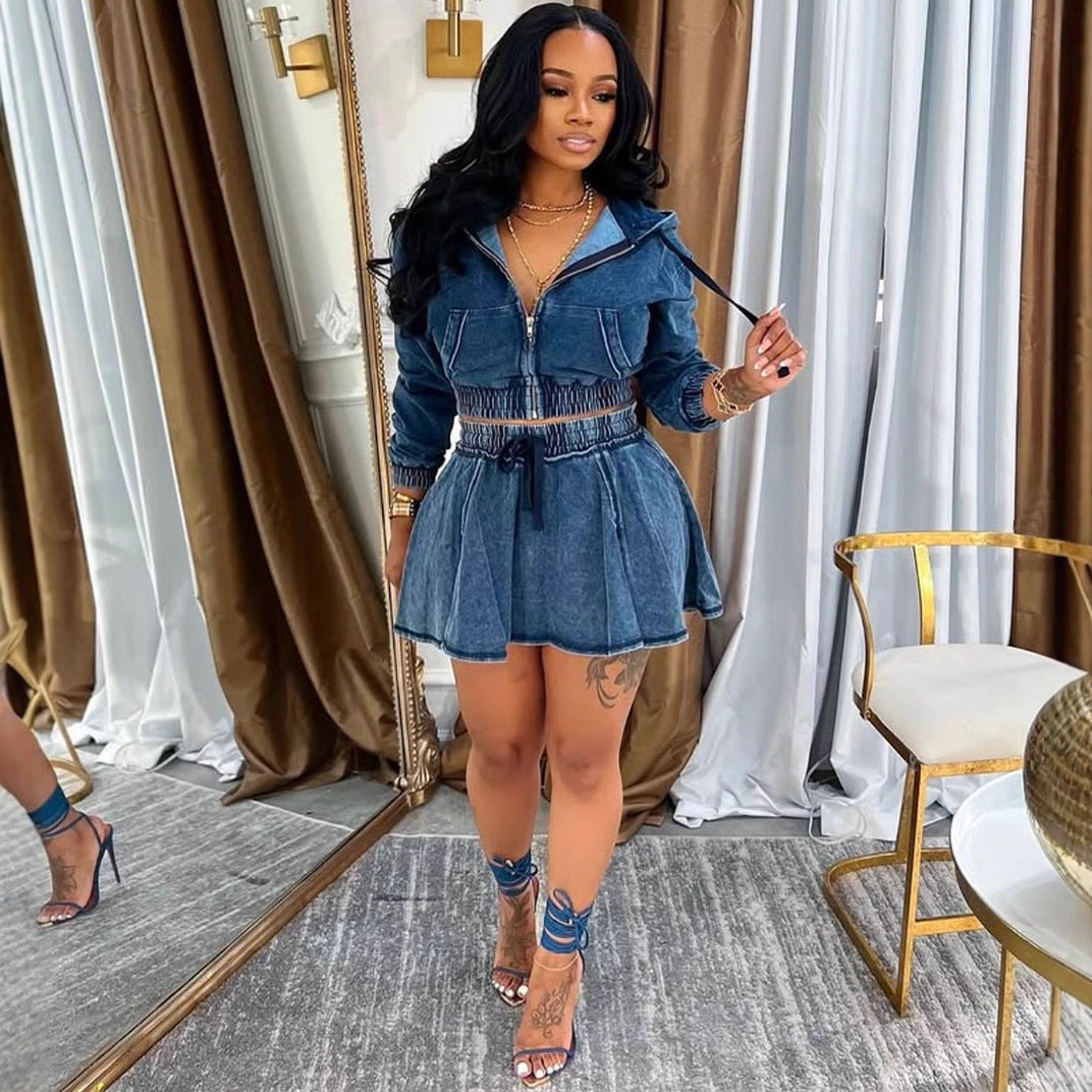 Casual Denim Jacket Dress Set For Women