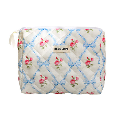 Cute Heart Print Cotton Quilted Cosmetic Bag