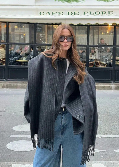 Pinstripe Scarf Coat Soft Structured Fabric