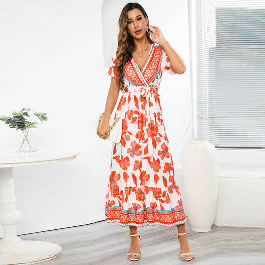 Vintage Exotic Print Maxi Dress Bohemian Seaside Resort Beach Dress Plus-Size