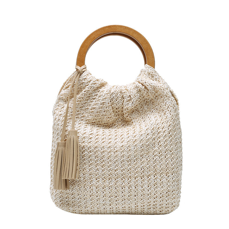 Trendy Round Wood Handle Tote Bag With Tassels