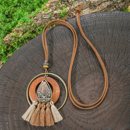 Bohemian Long Necklace with Tassels and Geometric Shapes