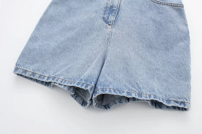 Casual Solid Color Denim Short Romper