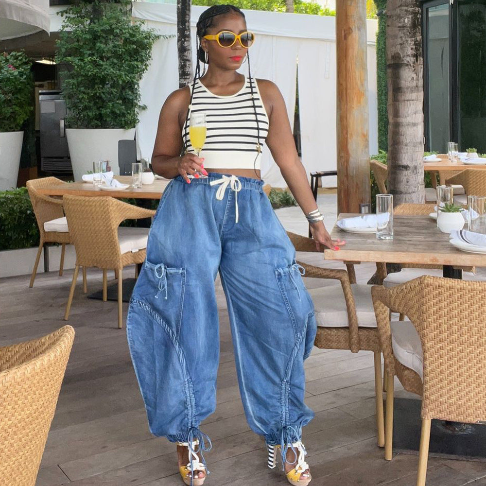 Loose-Fit Denim Harem Pants For Women With Drawstring Waist
