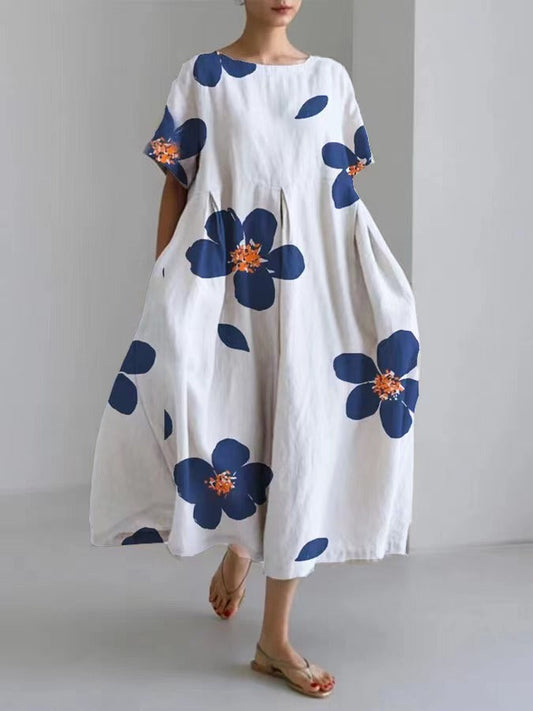 Digital Printing Small Chrysanthemum Women'S Casual Short Sleeve Swing Long Skirt Dress