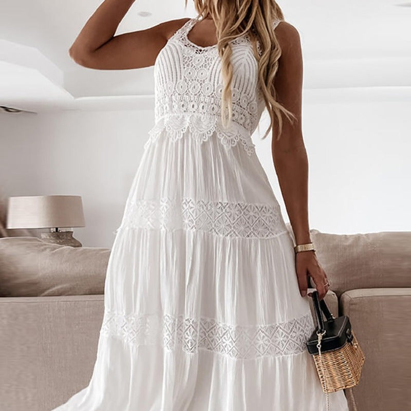 Elegant Lace High-Waist Midi Dress For Commuting