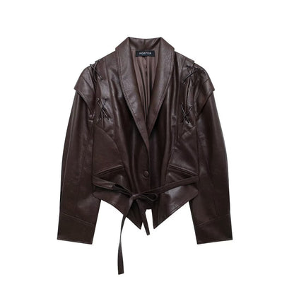 Cool Lapel Drawstring Belt Leather Jacket