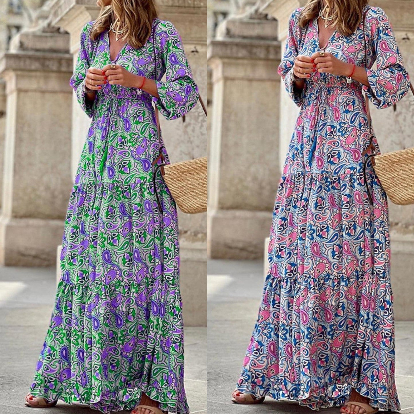 New Temperament V-Neck Bohemian Print Swing Dress