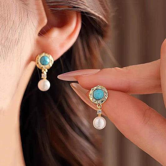 925 Silver Needle Turquoise Freshwater Pearl Earrings Women'S Premium Light Luxury Niche Design Retro Anti-Allergy Earrings