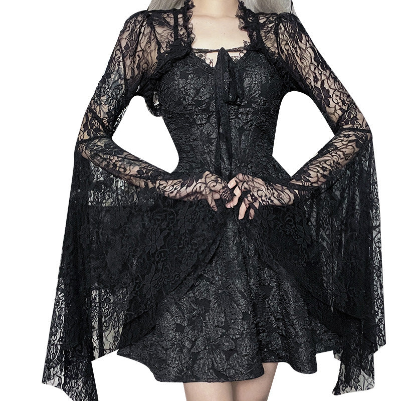 Chic Black Lace Crop Top with Flare Sleeves