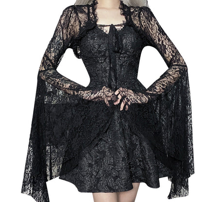 Chic Black Lace Crop Top with Flare Sleeves