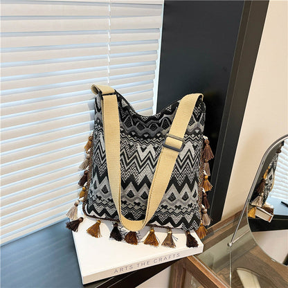Boho Style Shoulder Bag with Fringe - Canvas Tote
