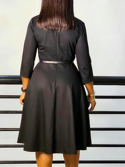 Elegant V-Neck Solid Color A-Line Dress With Belt
