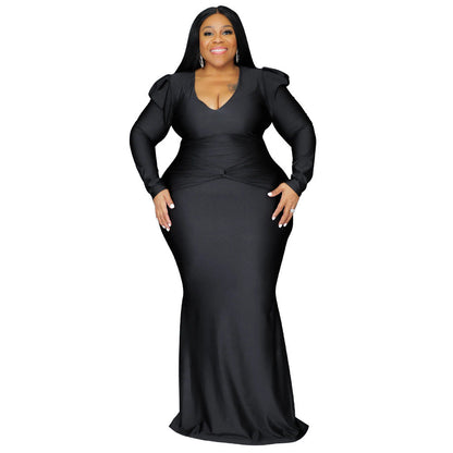 Sleek Solid Color Long Sleeve V-Neck Dress For Night Out