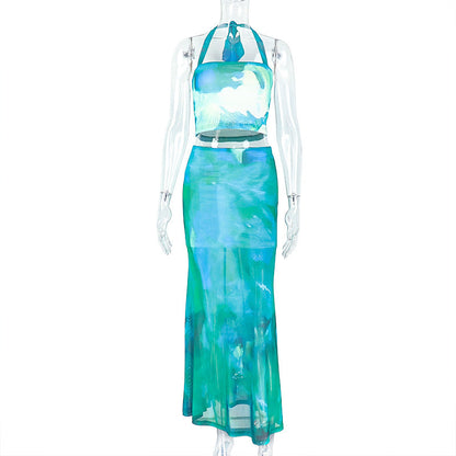 Color Block Long Dress Set Sleeveless Bodycon Outfit