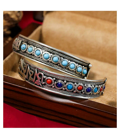 Ethnic Style Nepalese Handmade Jewelry Inlaid With Turquoise Retro Tibetan Jewelry Bracelet, Six-Syllable Mantra