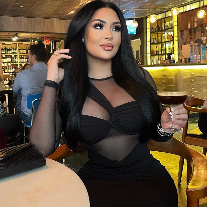 Elegant Long Sleeve Sheer Mesh Bodycon Dress