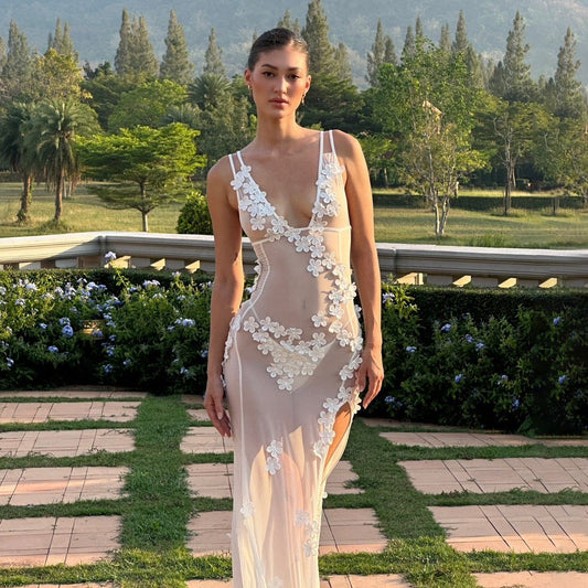 New Sexy V-Neck Backless Dress with 3D Floral Design