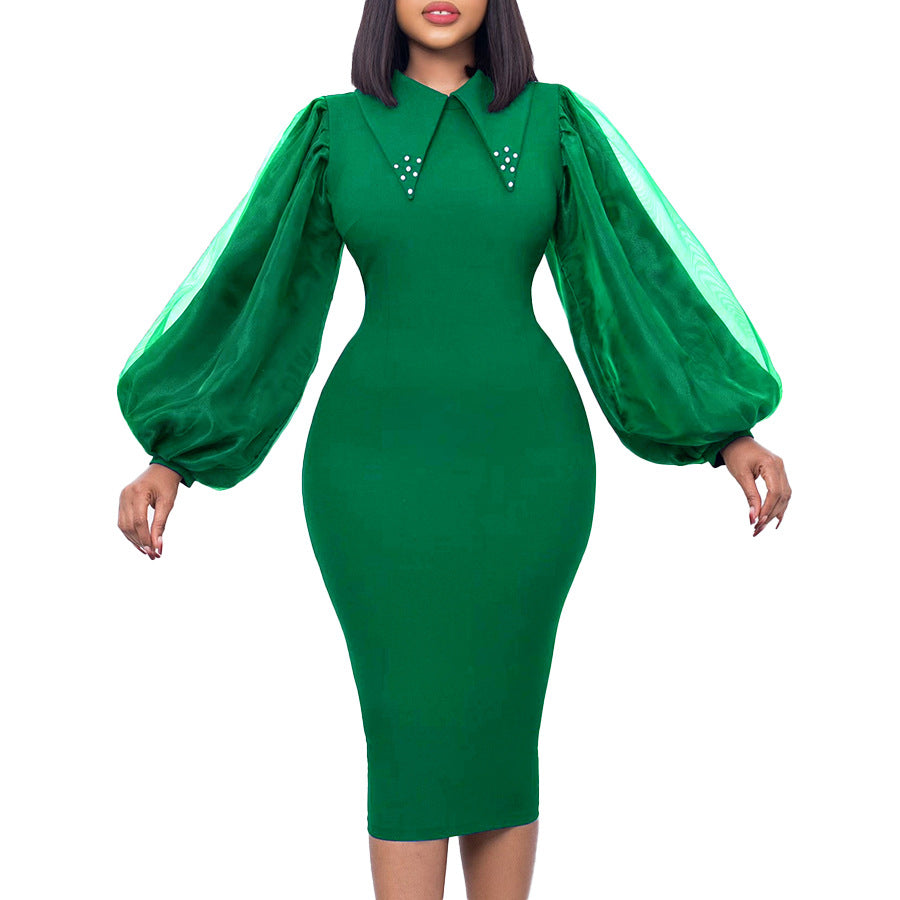 Pencil Skirt Dress With Beading And Mesh Panel
