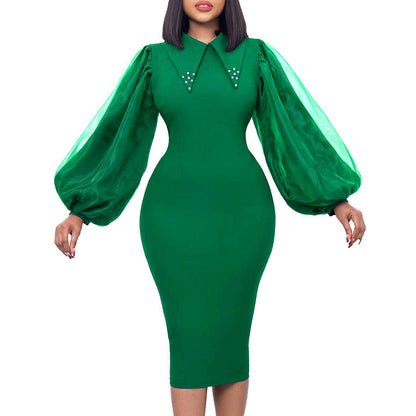 Pencil Skirt Dress With Beading And Mesh Panel