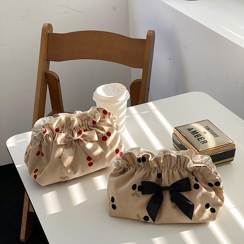 Corduroy Cherry Bow Cosmetic Bag