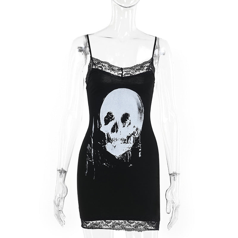 Skull Print Halter Mini Dress Dark Style