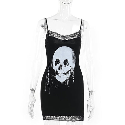 Skull Print Halter Mini Dress Dark Style
