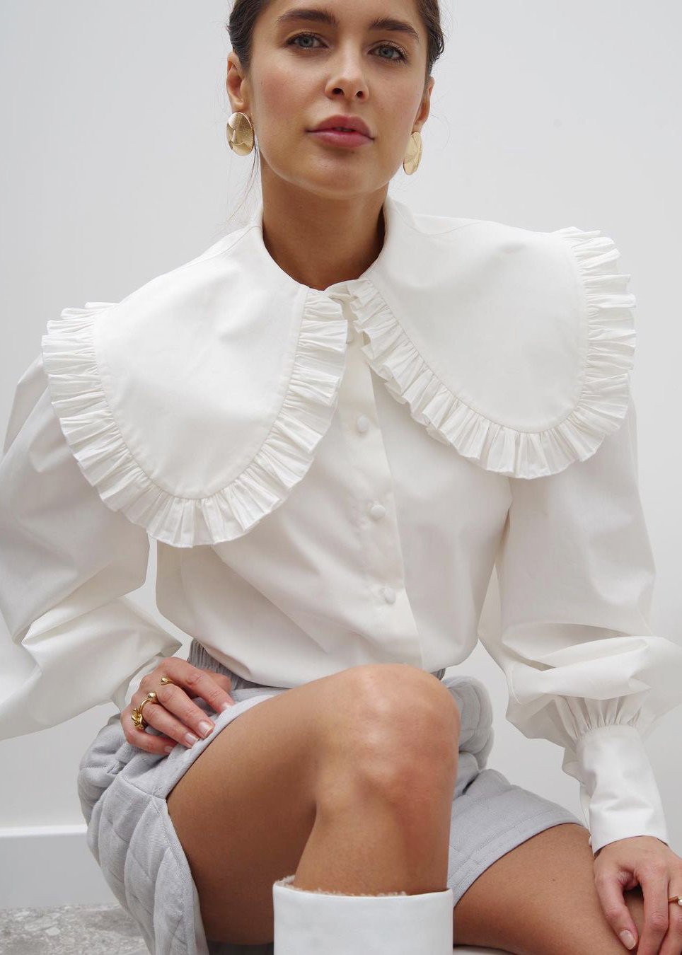 Ruffled Collar Blouse High Quality Cotton